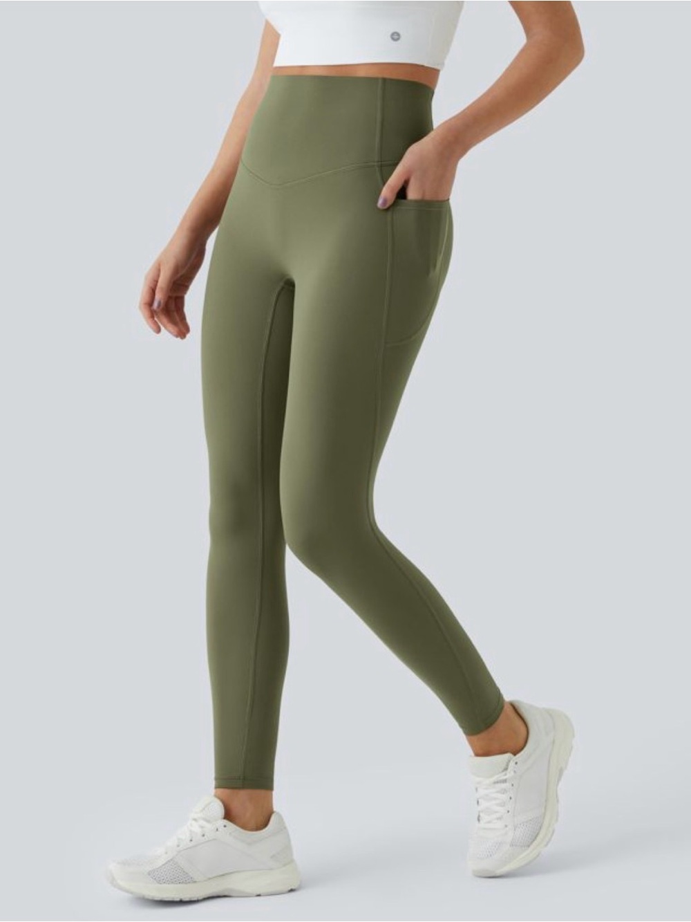 HALARA High-Waist Olive Green Leggings and Matching Shirt with Built in Bra - Picture 10 of 14